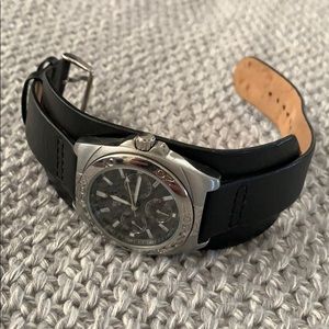 Men’s black leather watch.